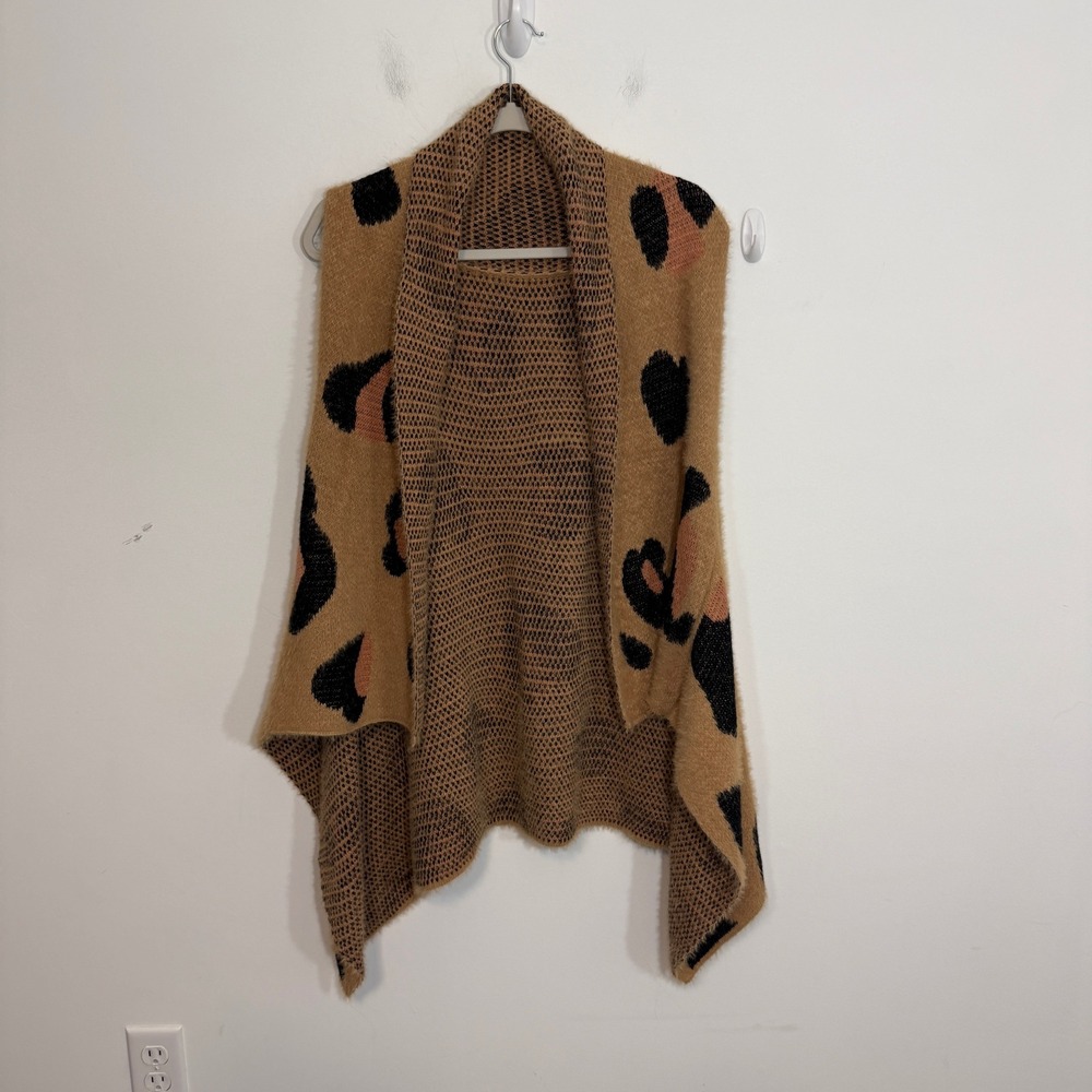 Leopard Print Waterfall Cardigan Vest OS Brown Mob Wife Eyelash Knit Draped